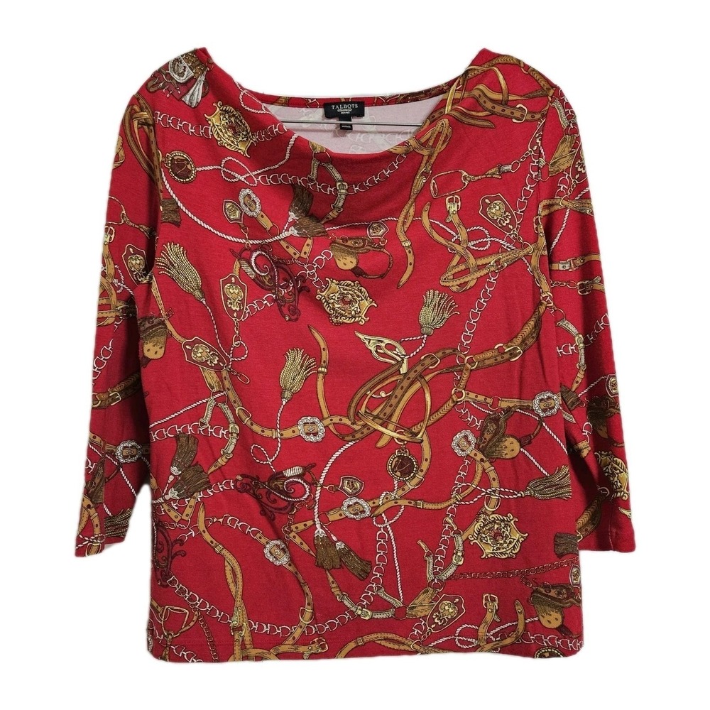 Talbots Top Women SP Red Equestrian Belt Tassel Print Boat Neck 3/4 Sleeve